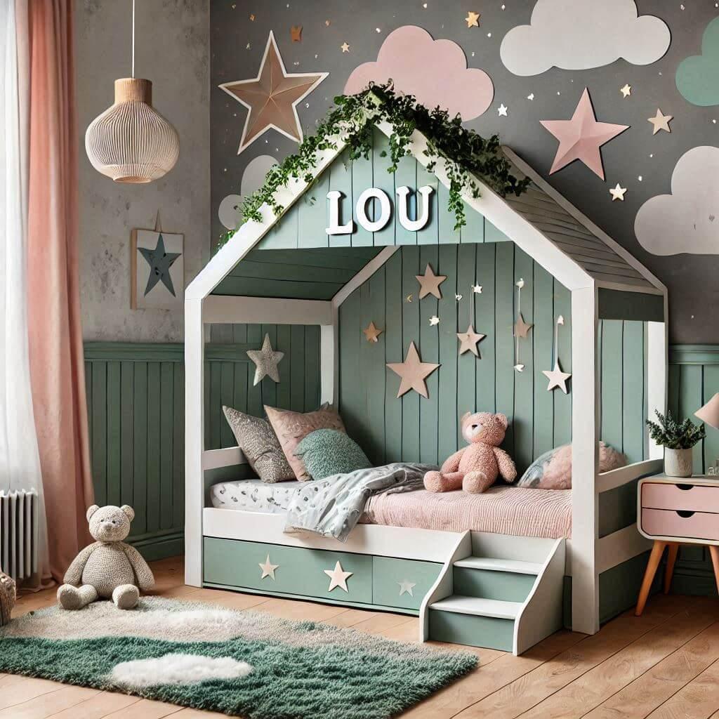 Child bedroom decoration theme fairy tale and legend with a cabin bed named lou in water green gray pastel pink and white colors with stars clouds and ivy carpet 4