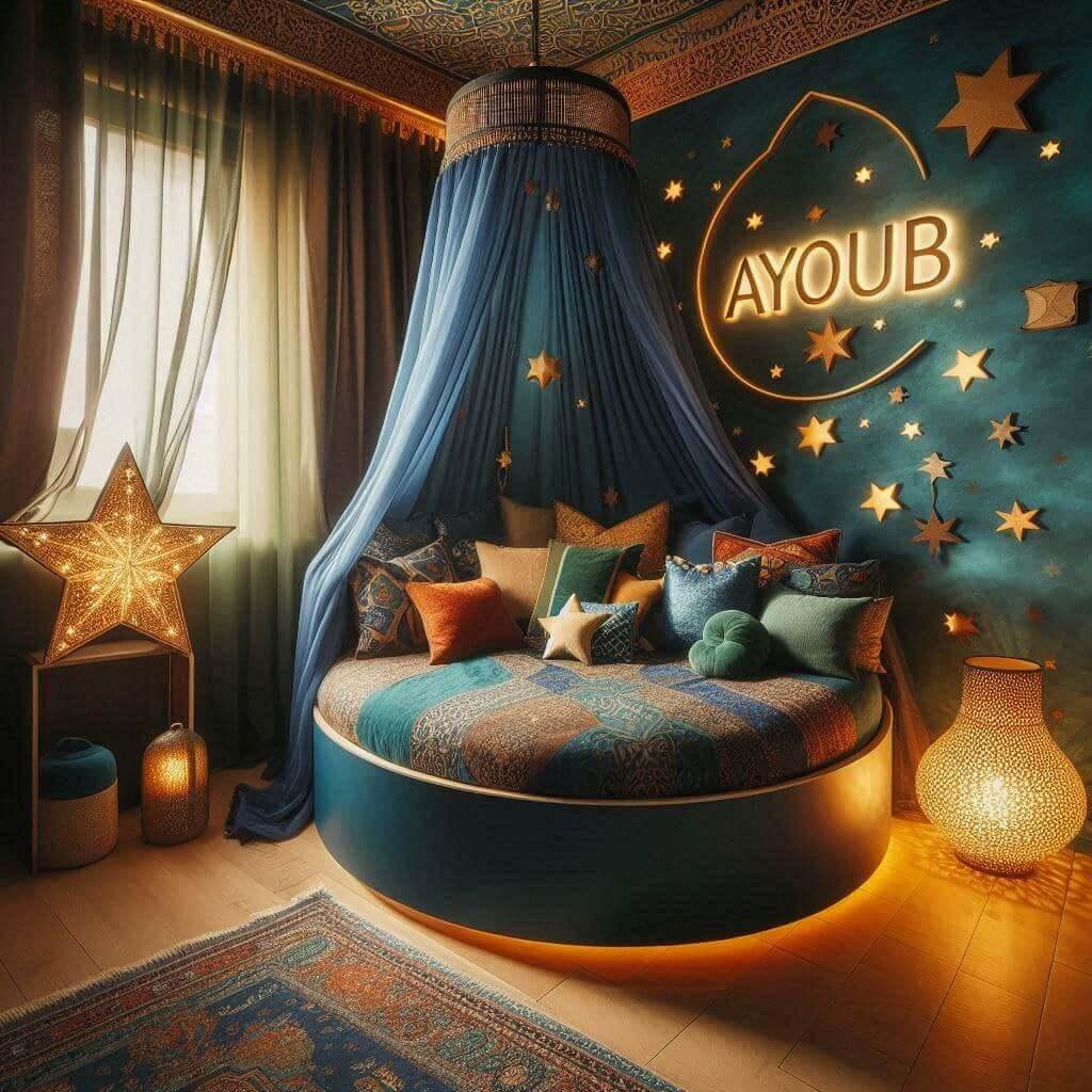 Childs room decoration theme inspired by exoticism and the orient with warm tones like blue dark green and navy blue featuring a round bed with a canopy and a lit starry lamp with