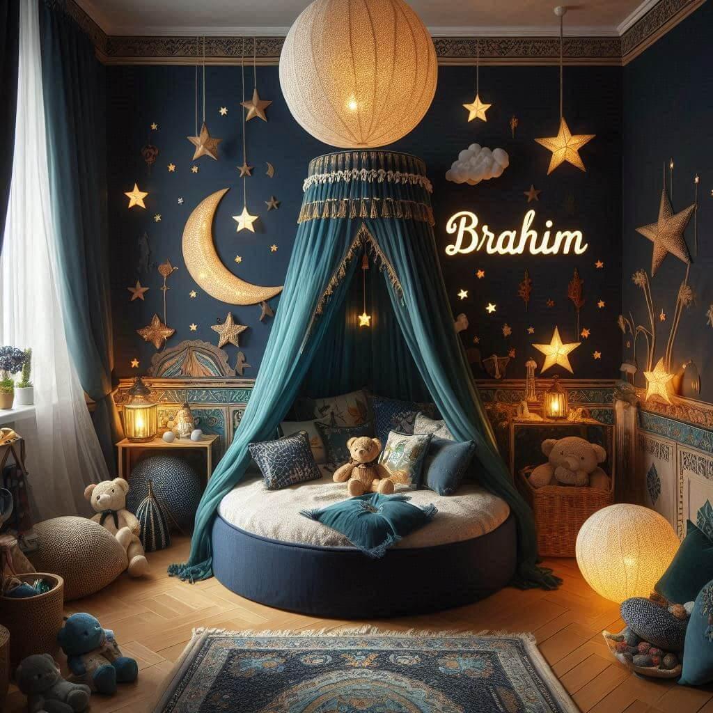 Childs room decoration theme inspired by exoticism and the orient with warm tones like blue dark green and navy blue featuring a round bed with a canopy and a lit starry lamp with