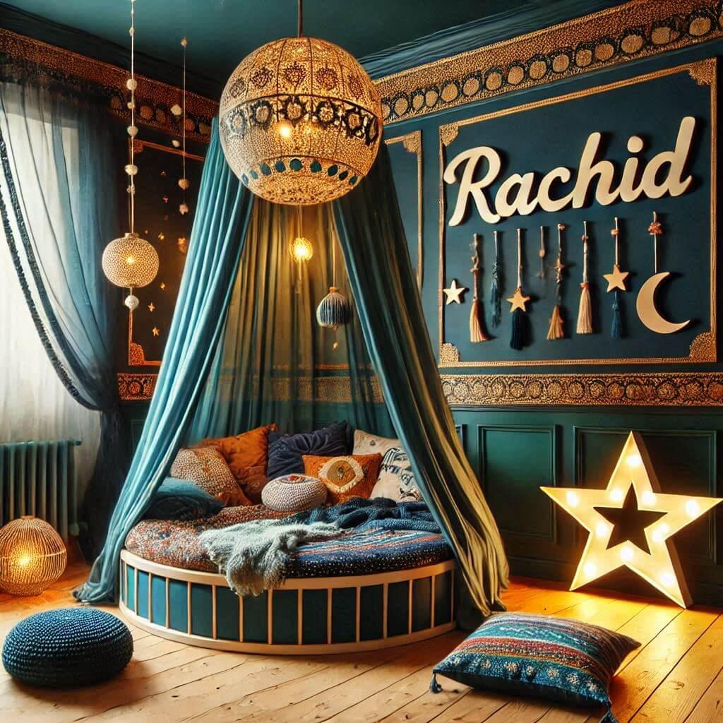 Décoration de chambre d'enfant, prénom Rachid, inspirée par l'exotisme et l'Orient, avec des tons chauds comme le bleu, le vert foncé et le bleu marine