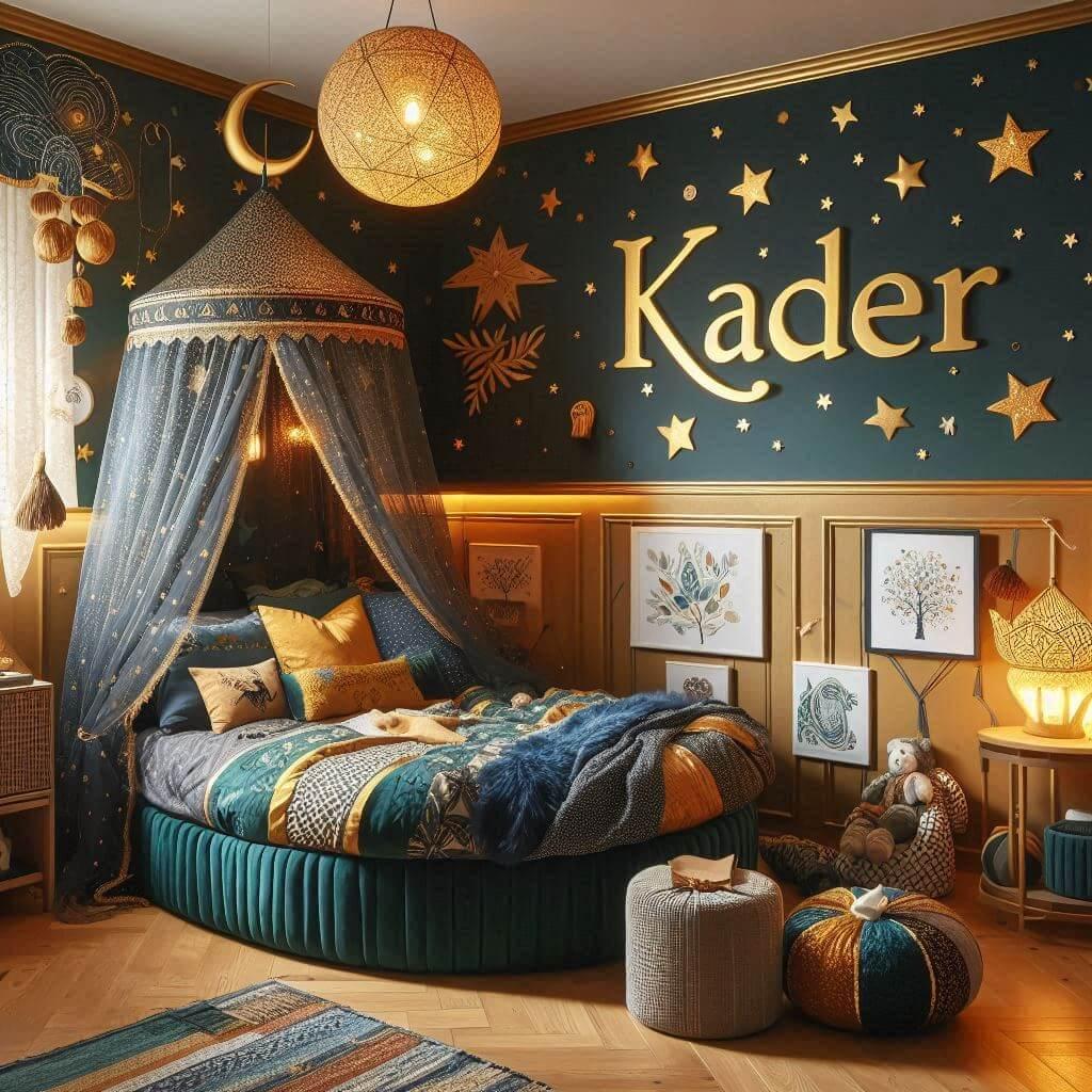 Childs room decoration theme inspired by exoticism and the orient with warm tones like gold blue dark green and navy white featuring a round bed with a canopy and a lit starry lamp