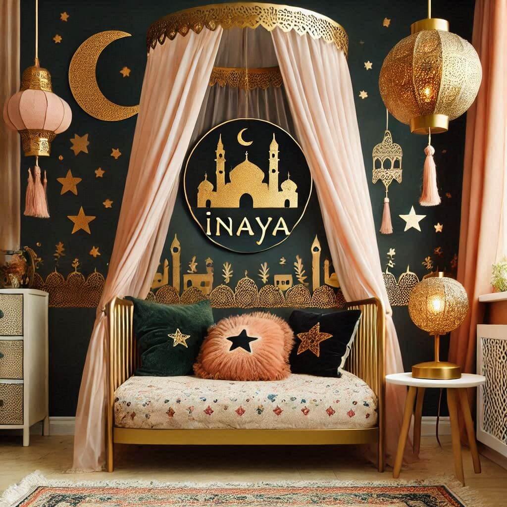 décoration de chambre d'enfant sur le thème inspiré de l'exotisme et de l'Orient, avec le prénom 