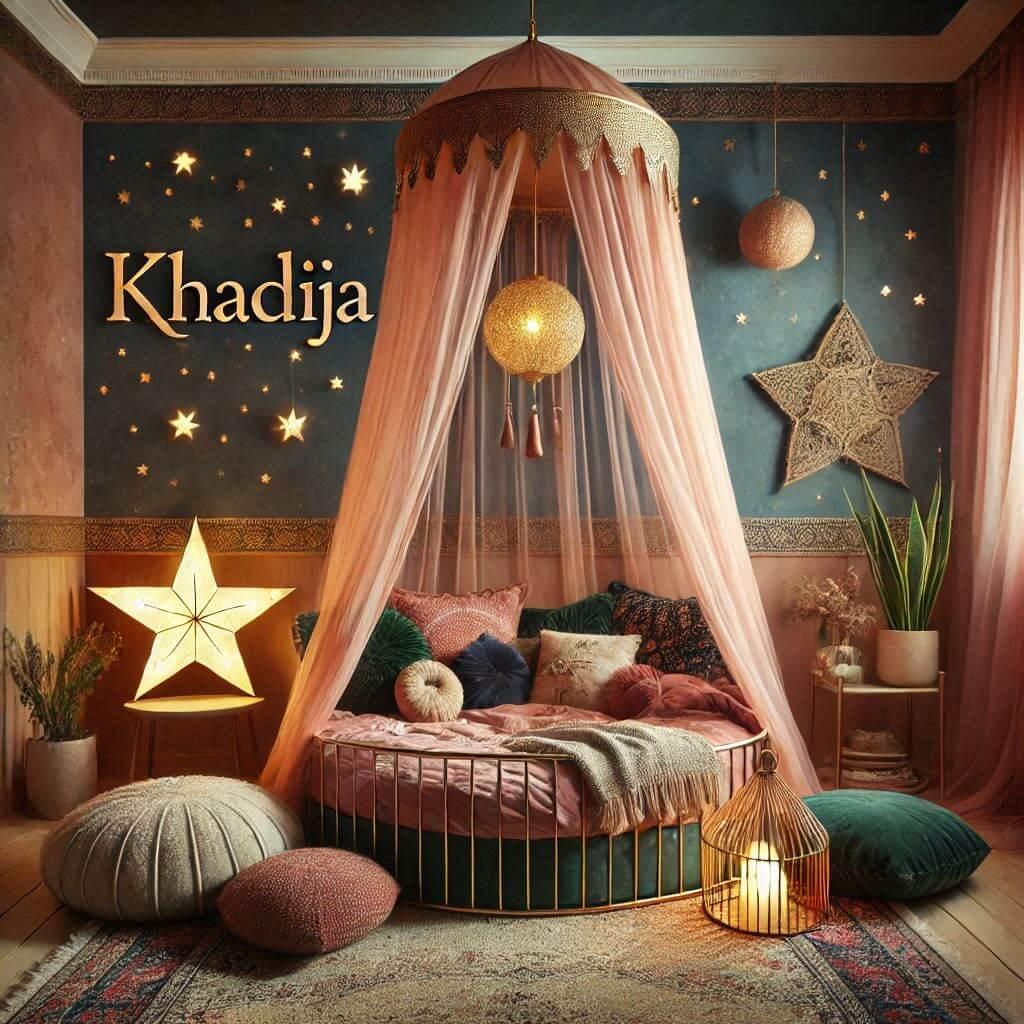 Childs room decoration theme inspired by exoticism and the orient with warm tones like gold pink dark green and navy blue featuring a round bed with a canopy and a lit starry lamp