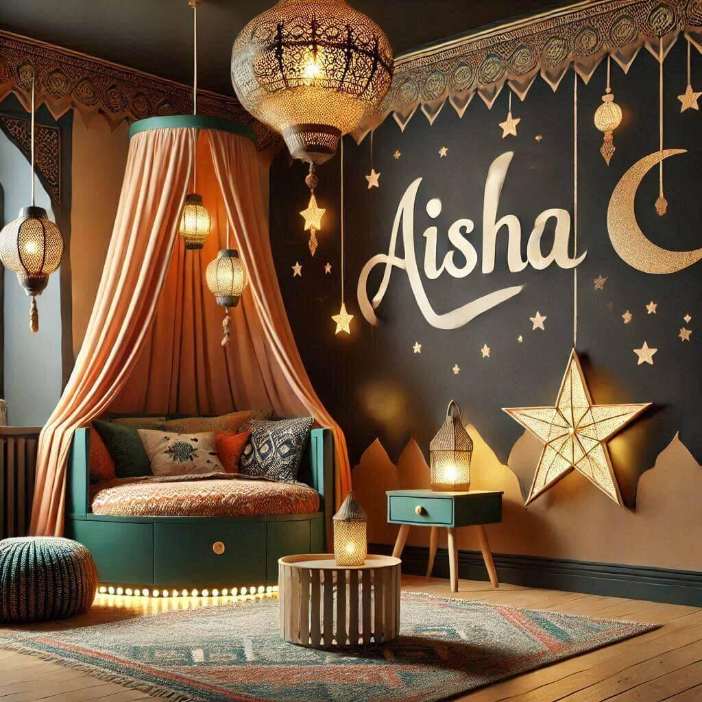 belle decoration de chambre pour fille, theme oriental, prenom aisha