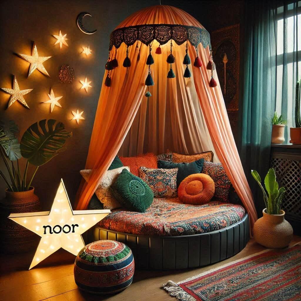 prénom Noor : Chambre d'enfant décorée sur le thème de l'exotisme et de l'orient, avec des tons chauds comme l'orange, le vert foncé et le bleu marine, un lit rond avec baldaquin