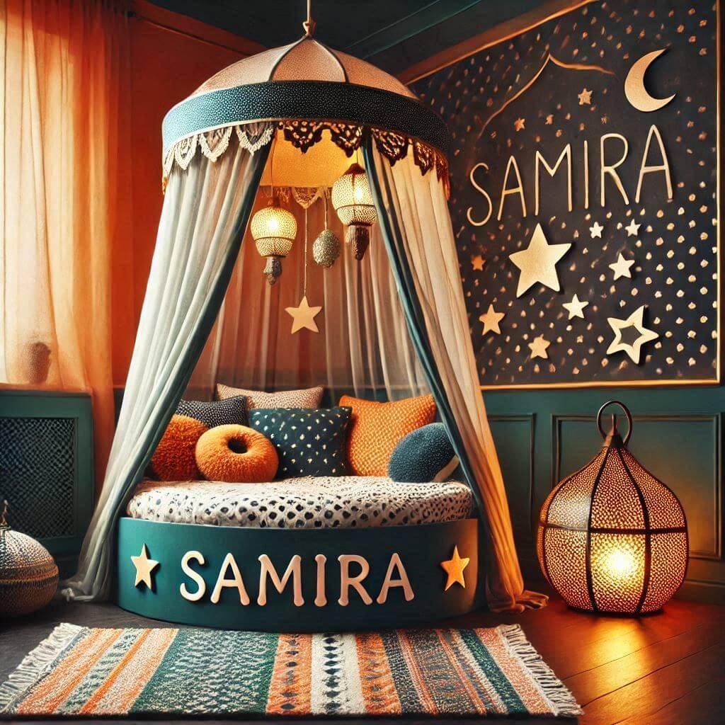 belle decoration de chambre avec le prenom samira pour une petite fille sur le theme orientale