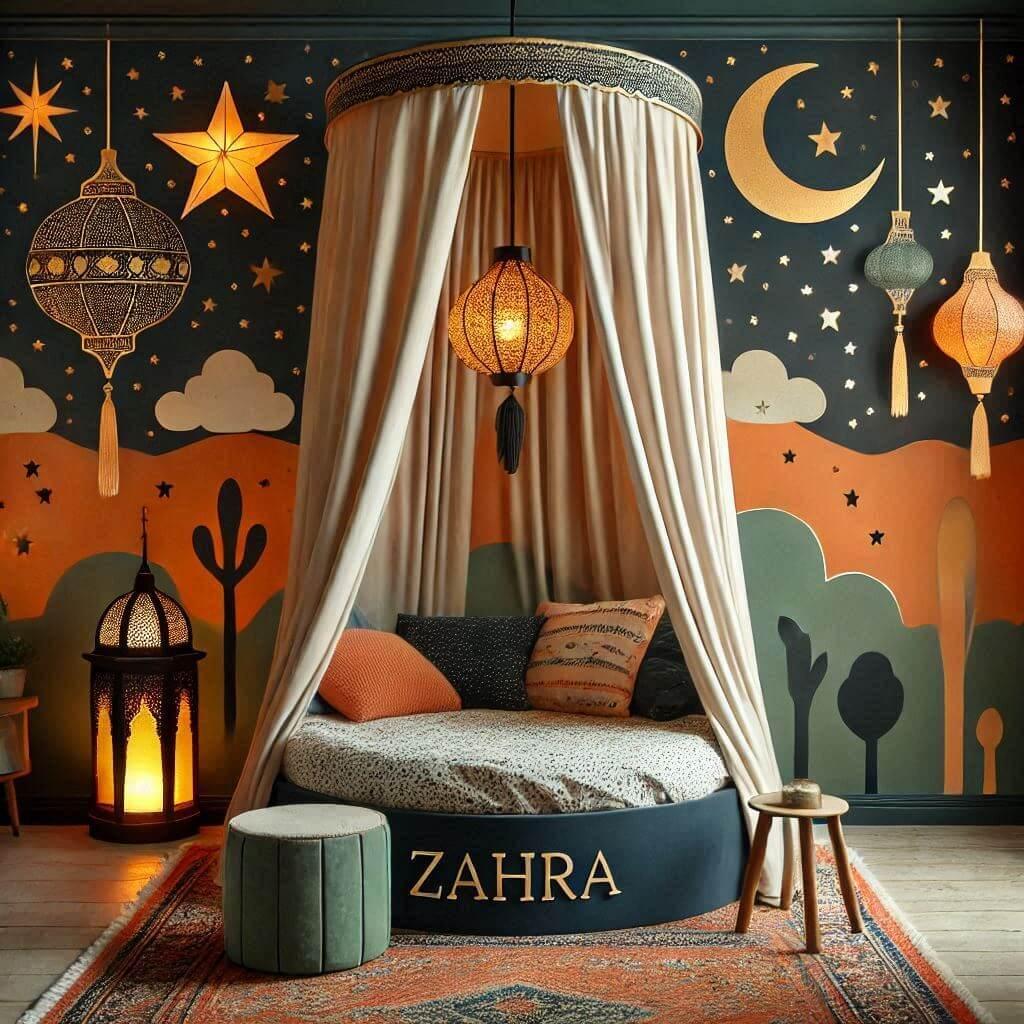 Zahra : chambre d'enfant orientale avec lit rond à baldaquin, tons chauds et lampe étoilée.