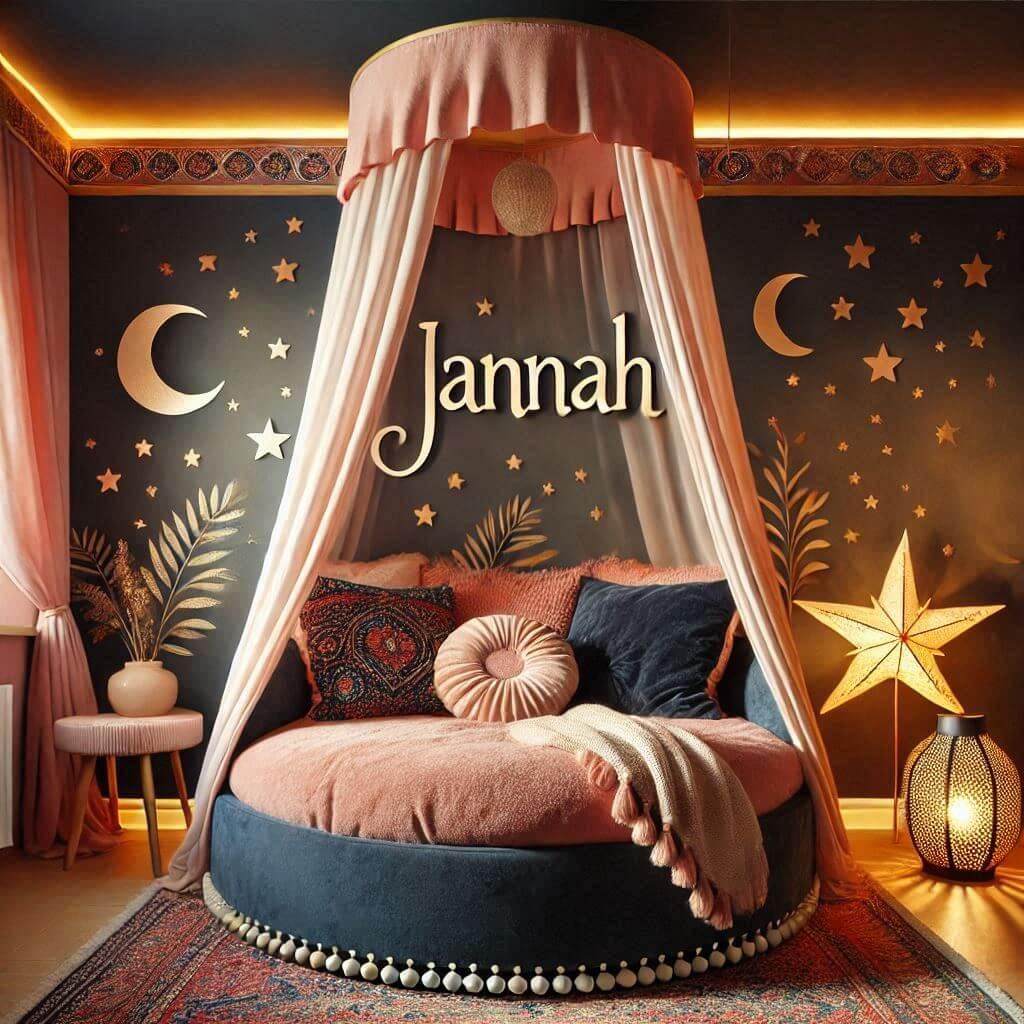 Décoration de chambre de petite fille avec le prénom Jannah sur le thème de l'exotisme et de l'Orient, avec des tons chauds comme le rose, bleu foncé et bleu marine, lit rond