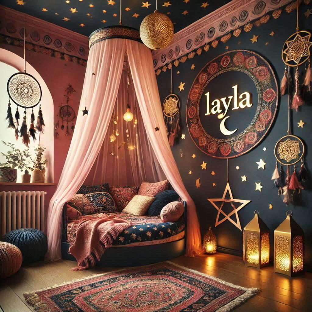 Chambre d'enfant exotique avec tons chauds, lit rond avec ciel de lit et lampe étoilée 'Layla'