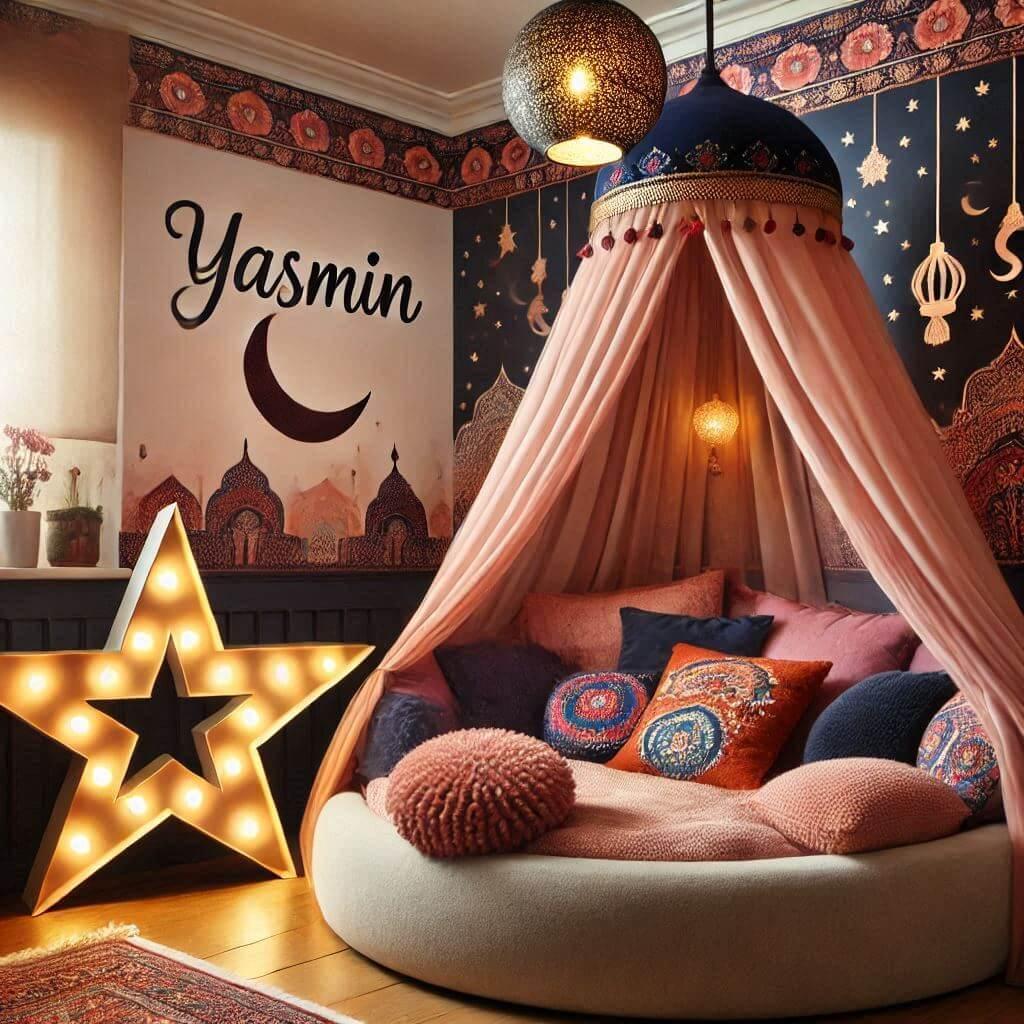 Chambre d'enfant exotique avec lit rond, baldaquin, veilleuse étoilée, et prénom Yasmin.