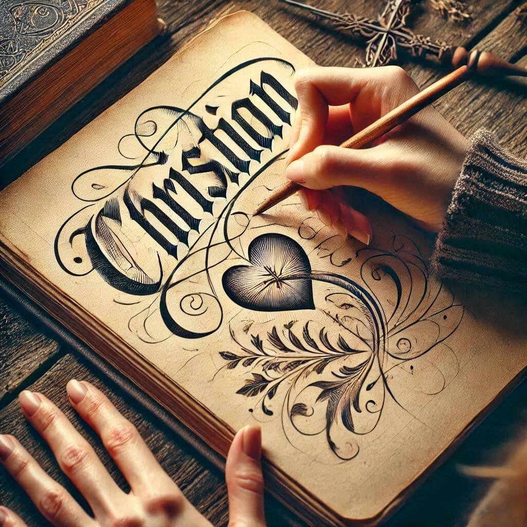 Christian written in calligraphy on an old notebook hands of a woman drawing a heart