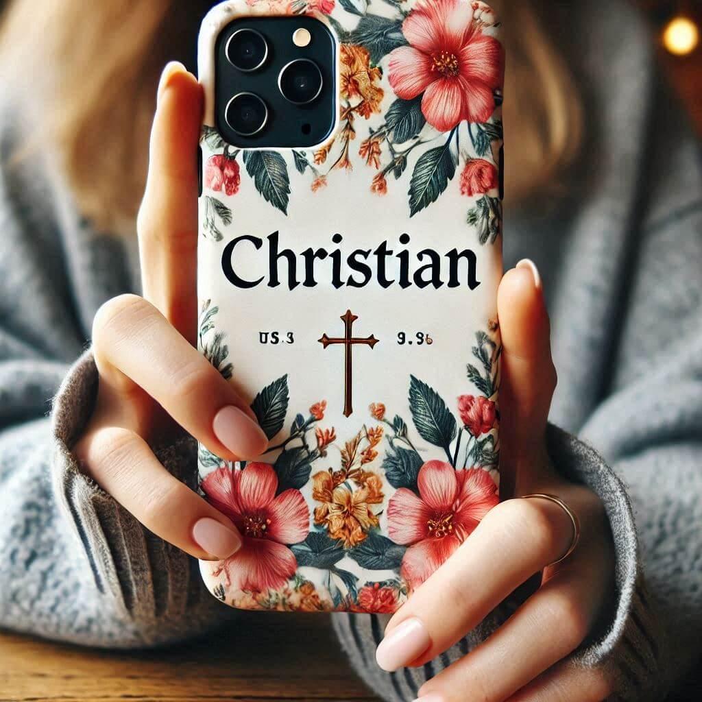 Coque de telephone avec le prenom christian motif fleuri dans les mains d une femme 1