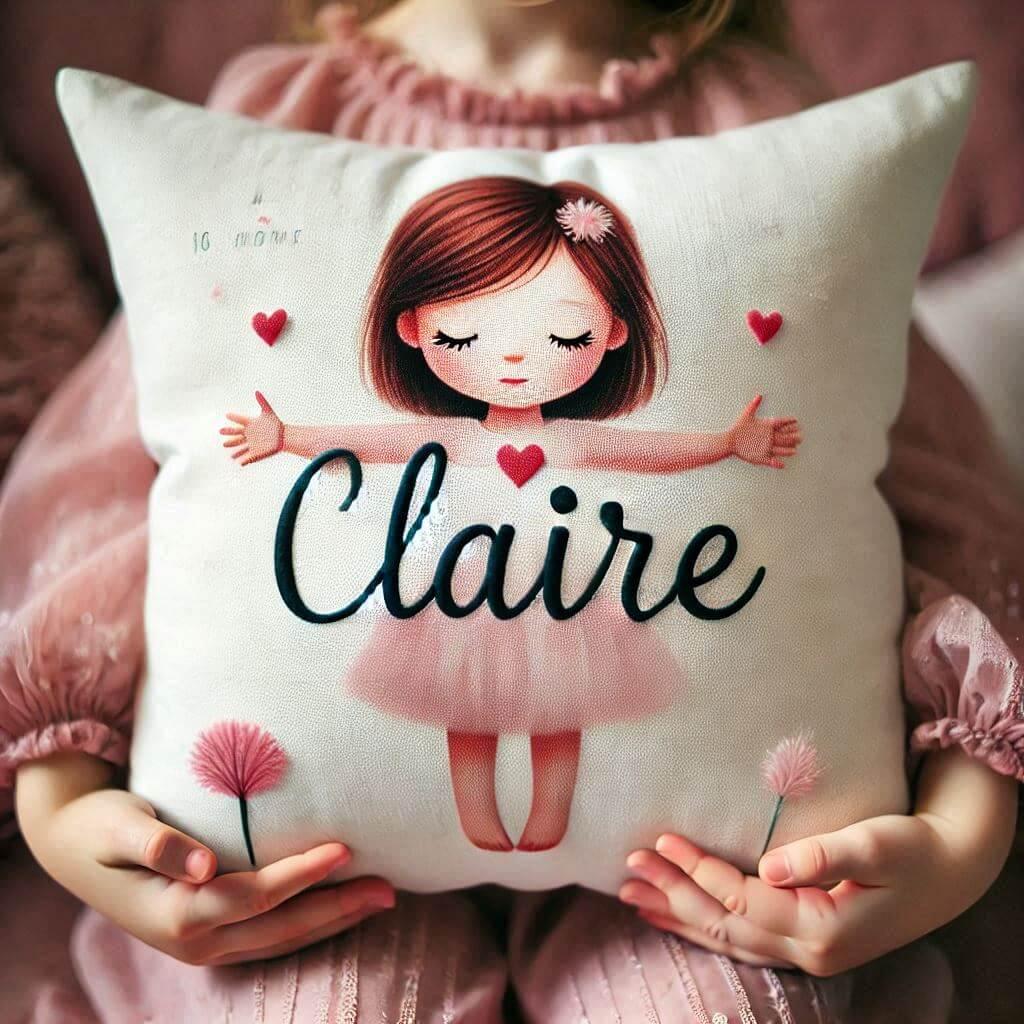 Coussin avec le prenom claire ecrit en francais dans les bras d une petite fille 1