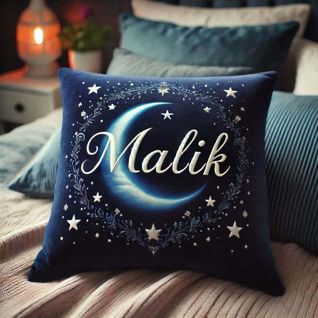 Coussin bleu nuit avec le prenom malik pose sur un lit 1 1