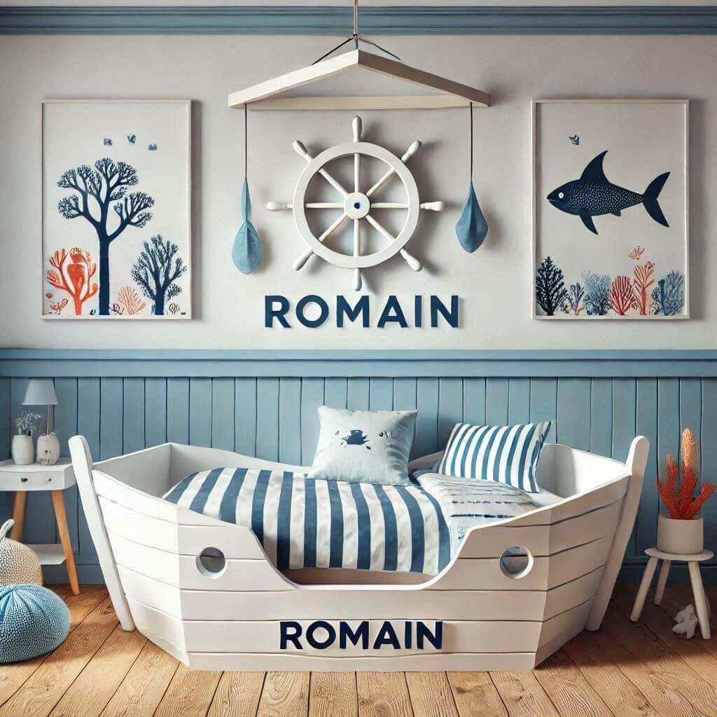 belle chambre sur le theme de la mer et des océans, avec le prénom Romain, mobilier marin