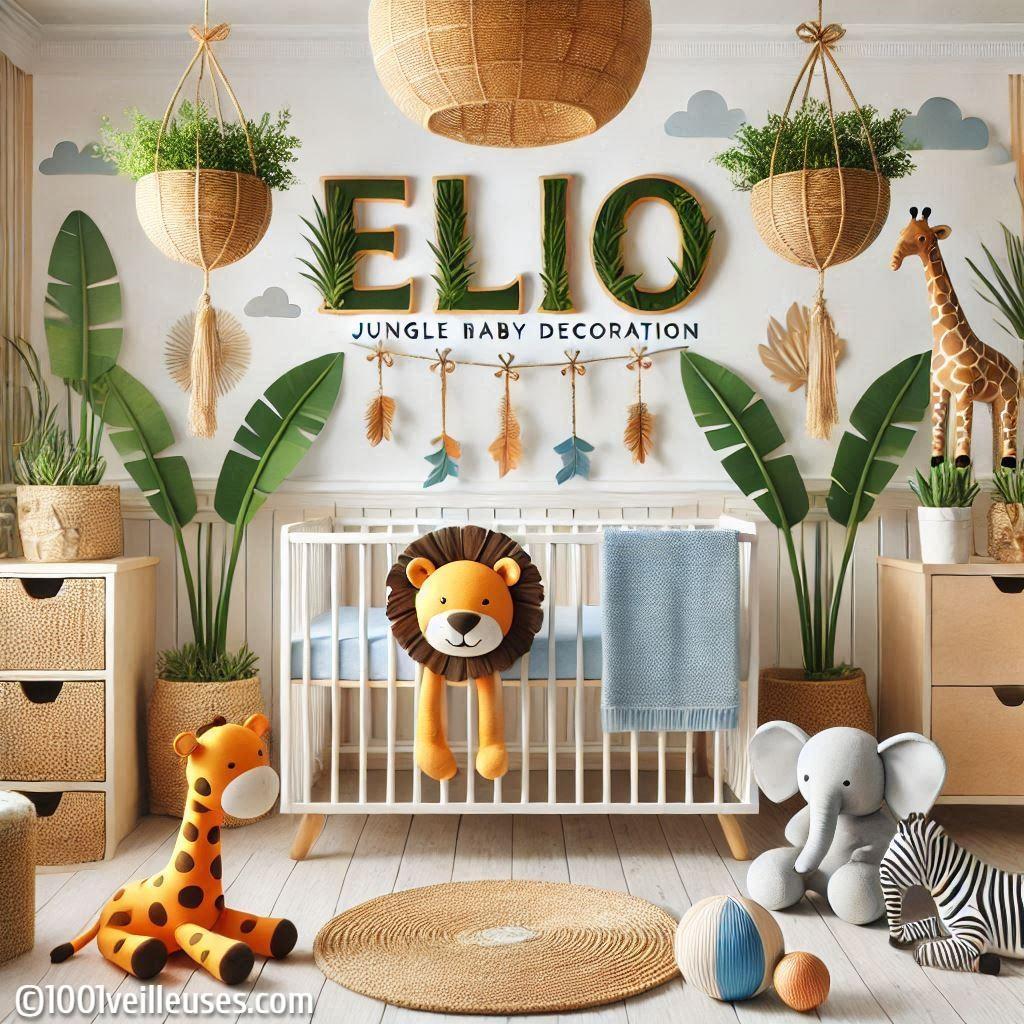 Une belle chambre de bebe garcon avec le prenom elio theme jungle aux couleurs beige, marron, lierre