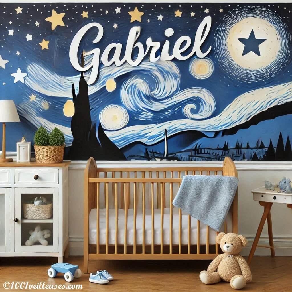 Belle chambre de bebe garcon avec le prenom Gabriel, theme nuit etoilee