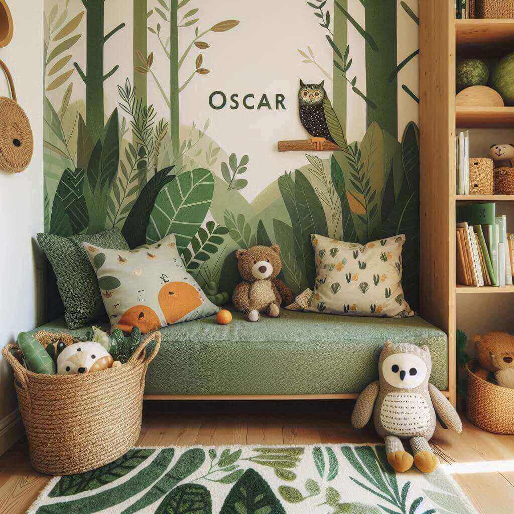 Decoration chambre de petit garcon theme animaux de la foret prenom oscar