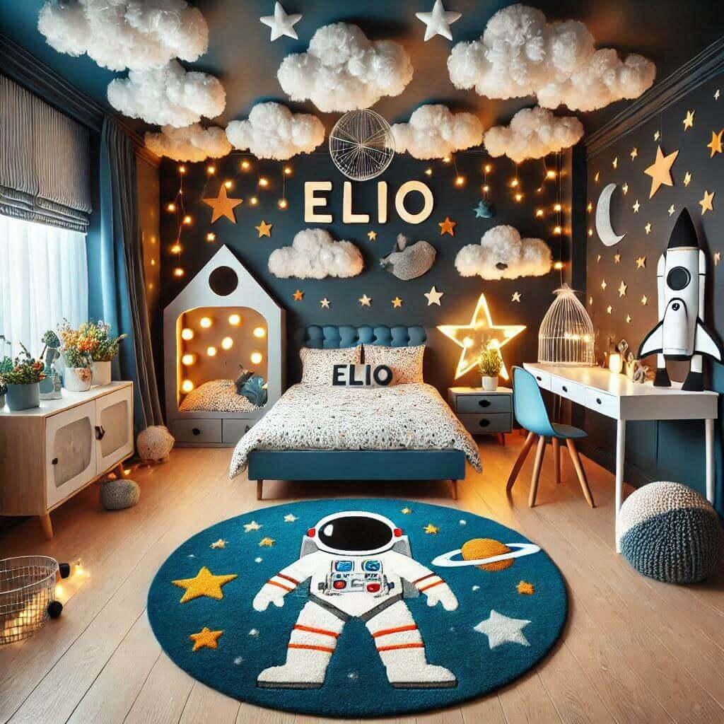 Decoration chambre enfant theme astronaute avec lit cabane avec le prenom elio tapis motif fusee guirlande nuage lumineux 1