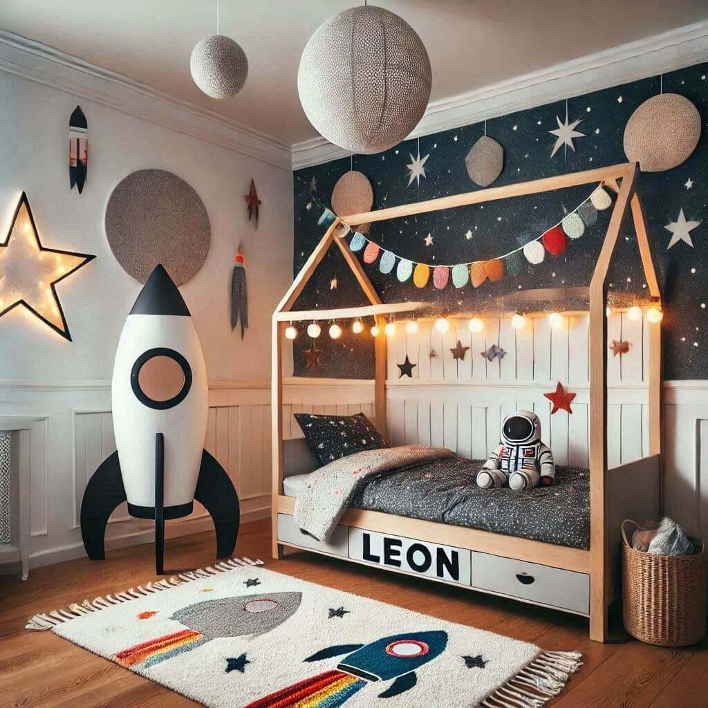 Decoration chambre enfant theme astronaute avec lit cabane avec le prenom leon tapis motif fusee guirlande lumineuse 1 1