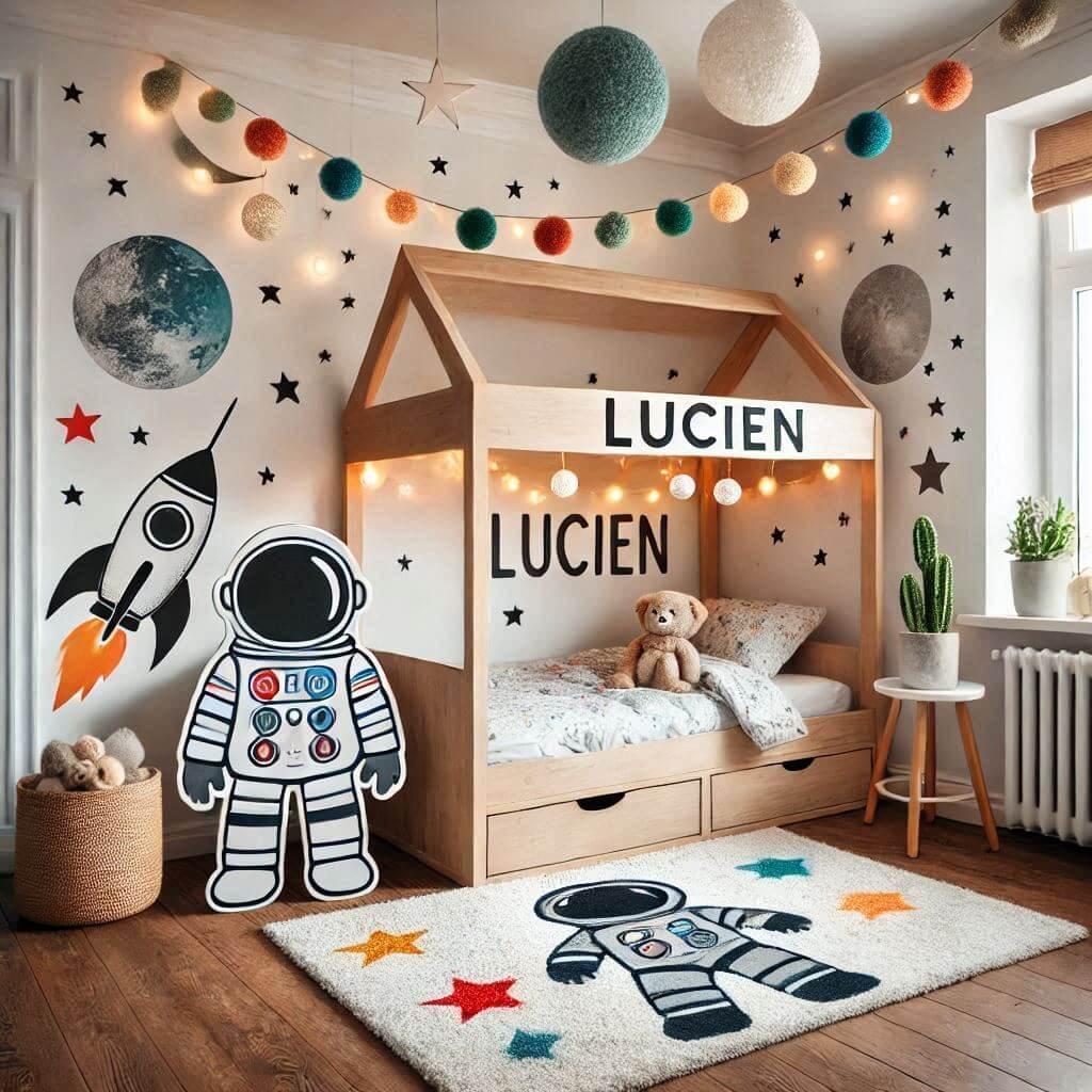 Decoration chambre enfant theme astronaute avec lit cabane avec le prenom lucien tapis motif fusee guirlande lumineuse