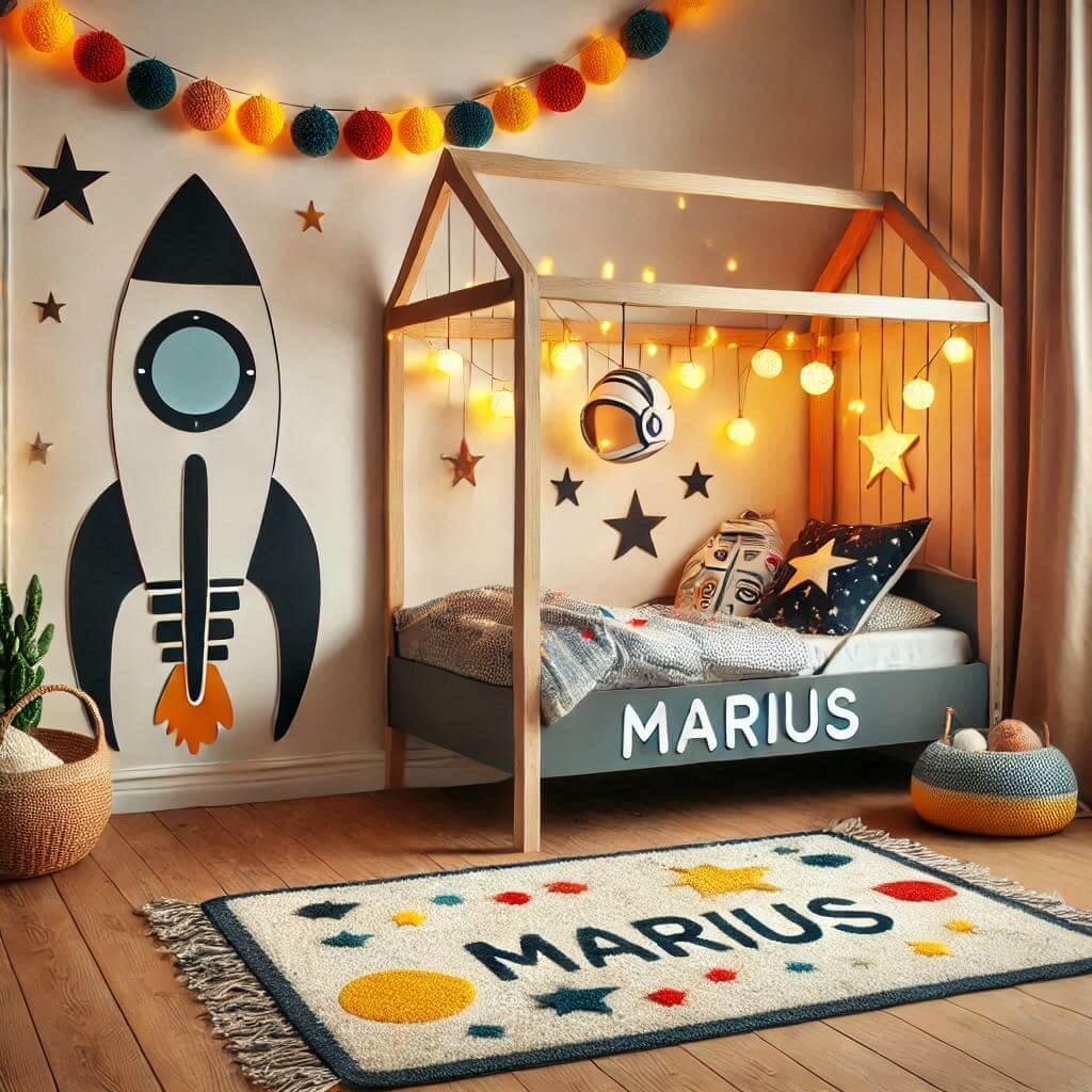 Decoration chambre enfant theme astronaute avec lit cabane avec le prenom marius tapis motif fusee guirlande lumineuse 2