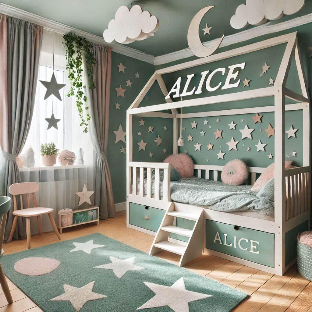 alice-prenom-belle-chambre-bebe-fille-lit-cabane-couleur-vert-d-eau-gris-rose-pastel-et-blanc