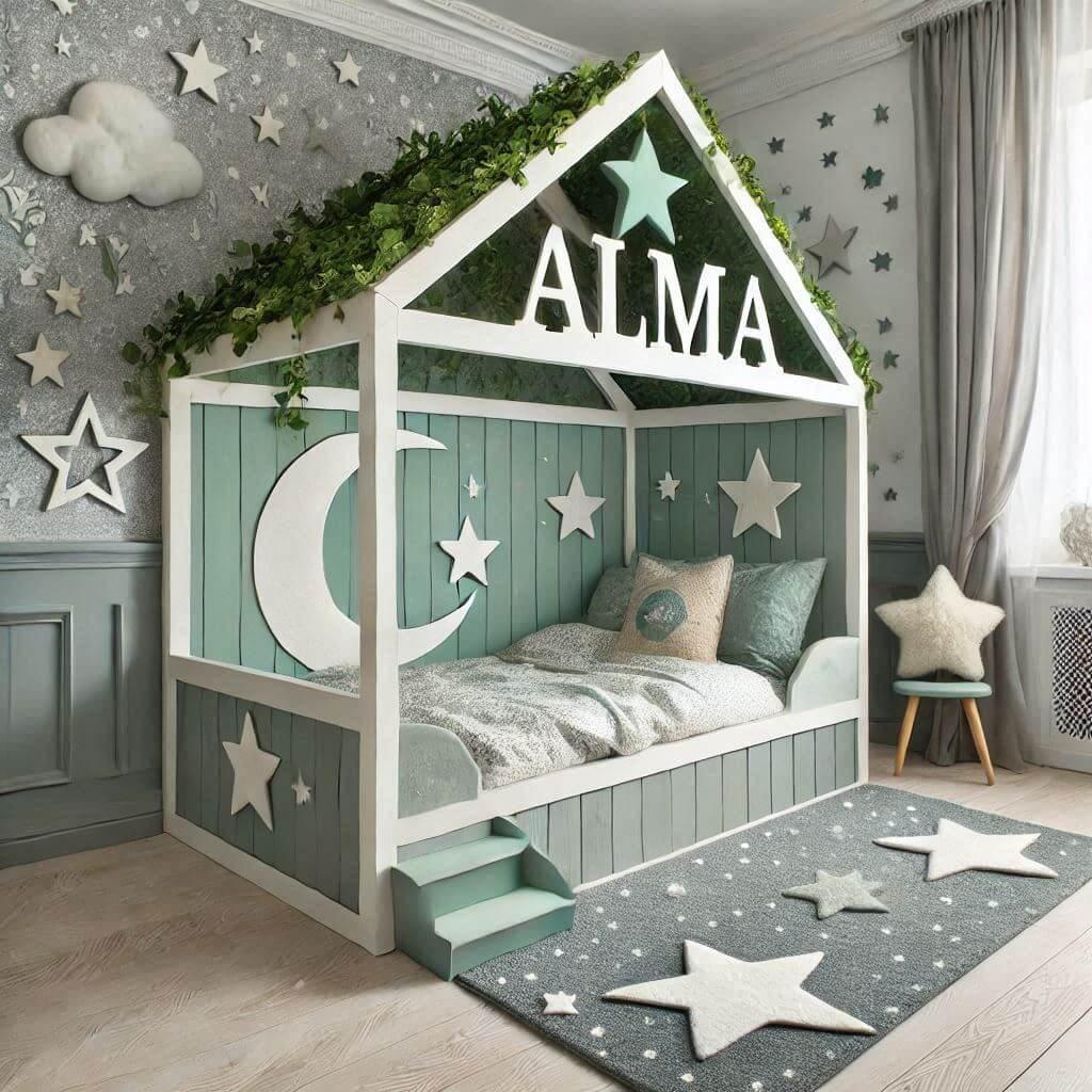 Decoration chambre enfant theme conte et legende avec lit cabane avec le prenom alma couleur vert d eau gris rose pastel et blanc avec des etoiles des nuages du lierre tapis etoile