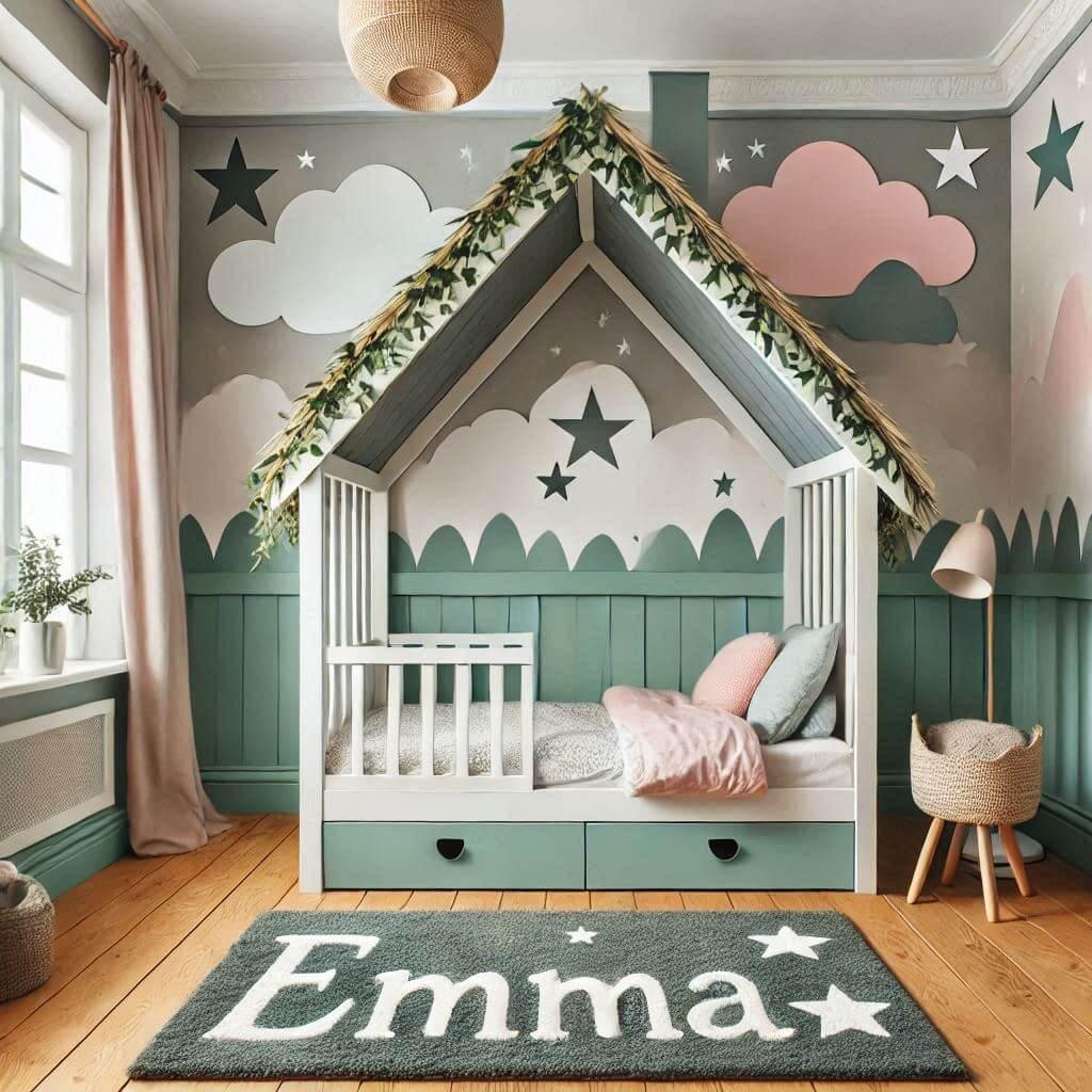 Decoration chambre enfant theme conte et legende avec lit cabane avec le prenom emma couleur vert d eau gris rose pastel et blanc avec des etoiles des nuages du lierre tapis etoile