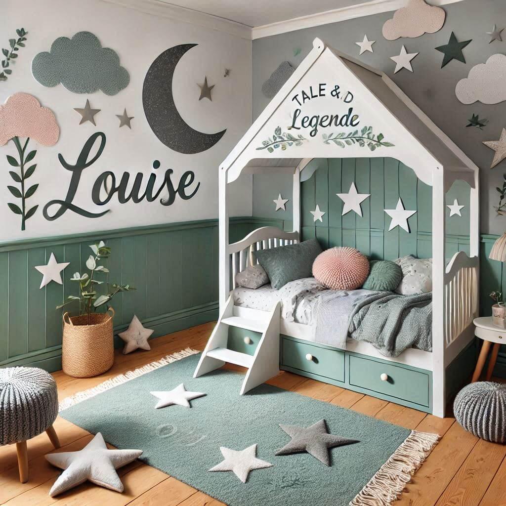 Decoration chambre enfant theme conte et legende avec lit cabane avec le prenom louise couleur vert d eau gris rose pastel et blanc avec des etoiles des nuages du lierre tapis etoi