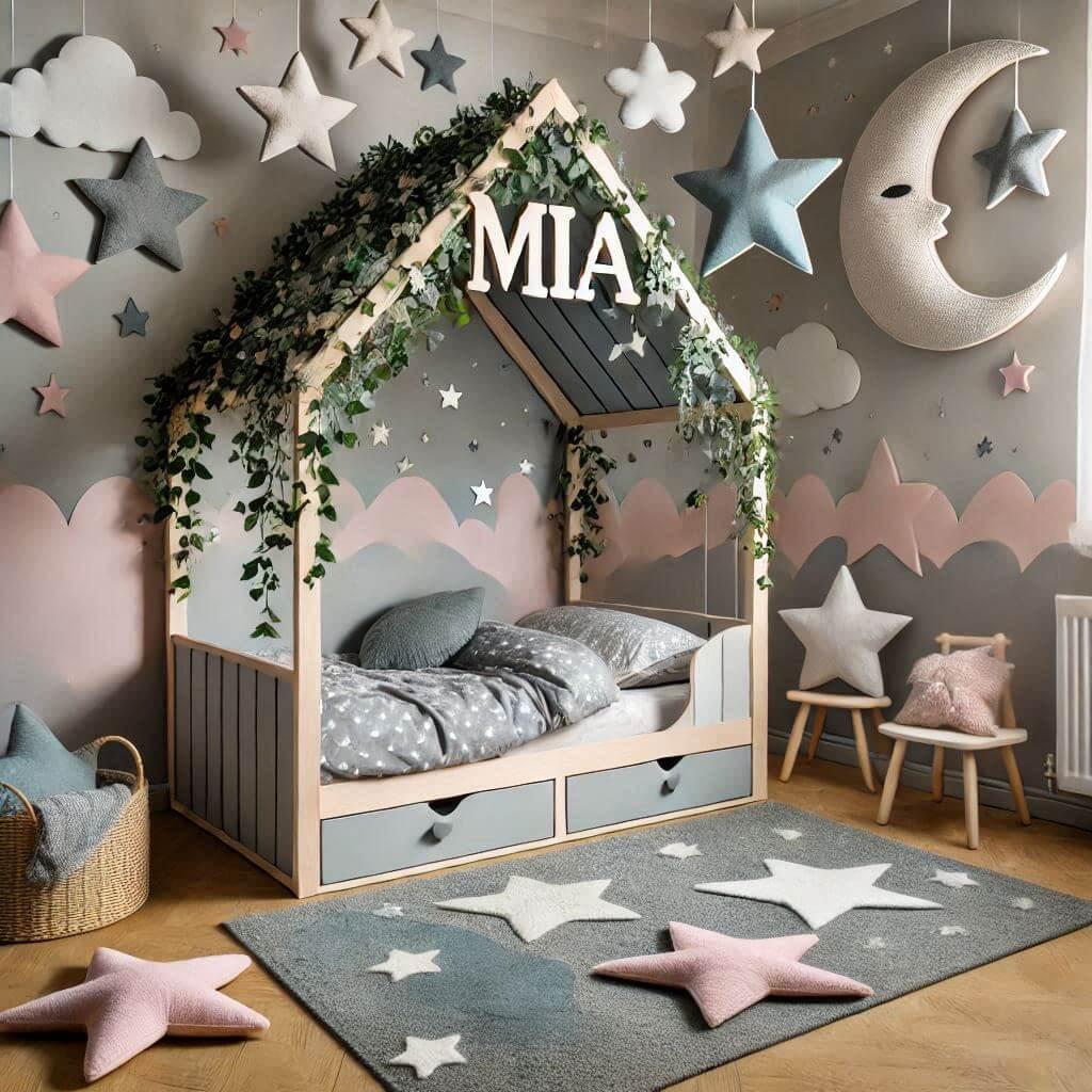 Decoration chambre enfant theme conte et legende avec lit cabane avec le prenom mia couleur vert d eau gris rose pastel et blanc avec des etoiles des nuages du lierre tapis etoiles