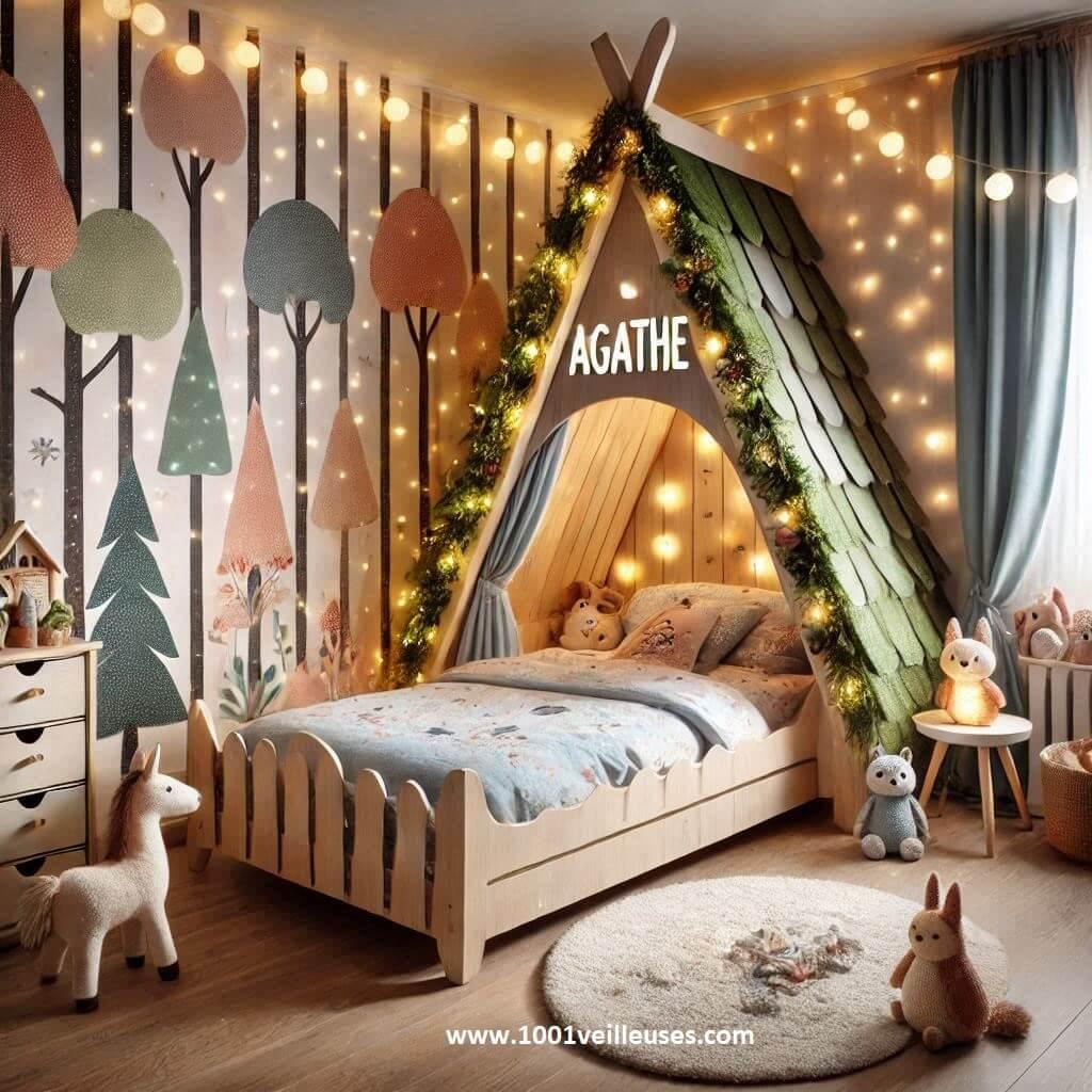 Decoration chambre enfant theme foret avec lit cabane avec le prenom agathe 6 1