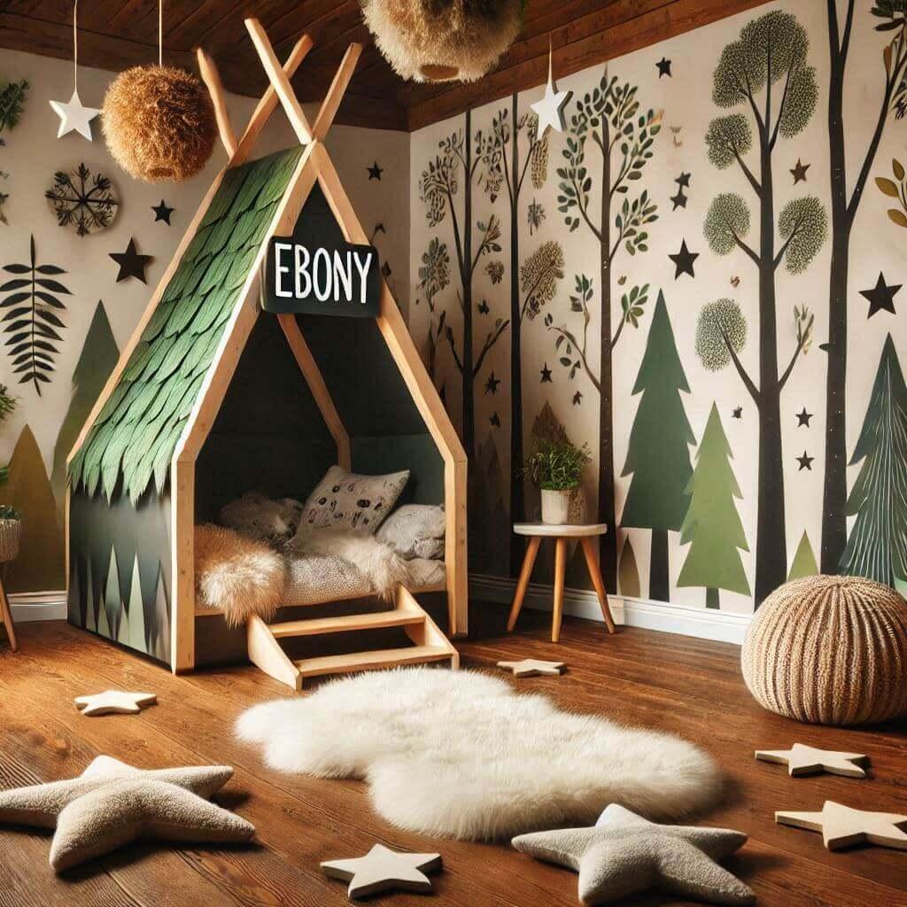 Decoration chambre enfant theme foret avec lit cabane avec le prenom ebony avec tapis fourure et des coussins etoiles 1