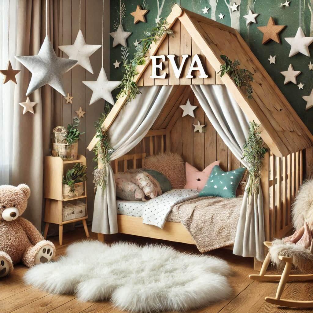 Decoration chambre enfant theme foret avec lit cabane avec le prenom eva avec tapis fourure et des coussins etoiles