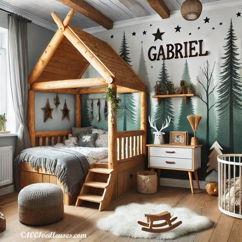 Decoration chambre enfant theme foret avec lit cabane avec le prenom gabriel