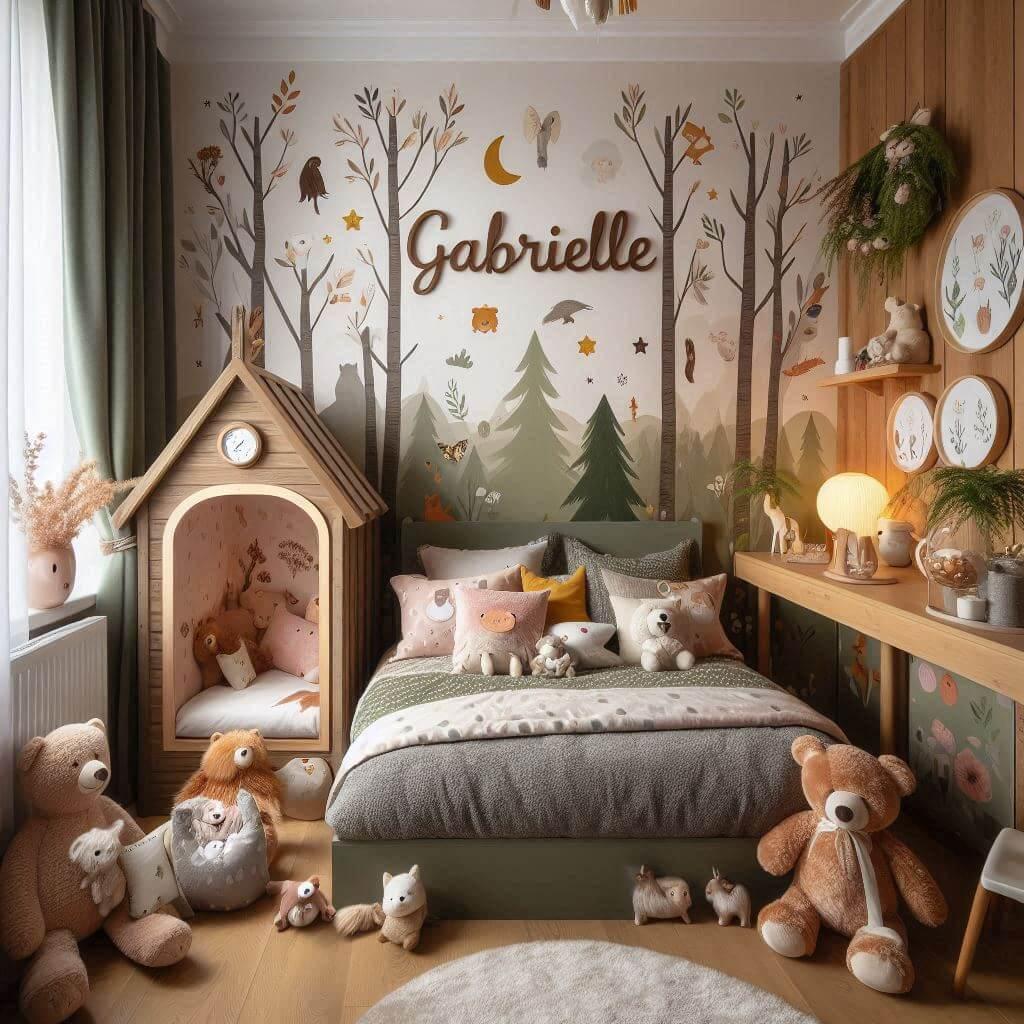 Decoration chambre enfant theme foret avec lit cabane avec le prenom gabrielle