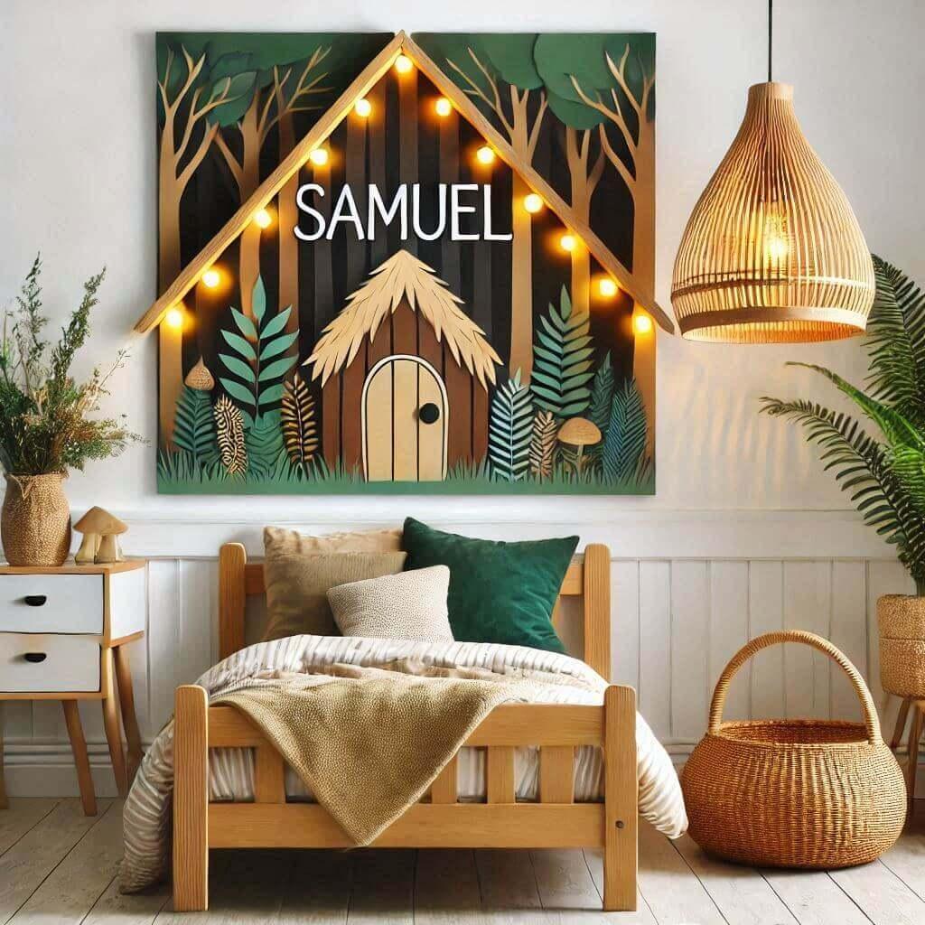 Decoration chambre enfant theme foret avec lit cabane avec le prenom samuel sur une affiche lampe en rotin allumee 1 1