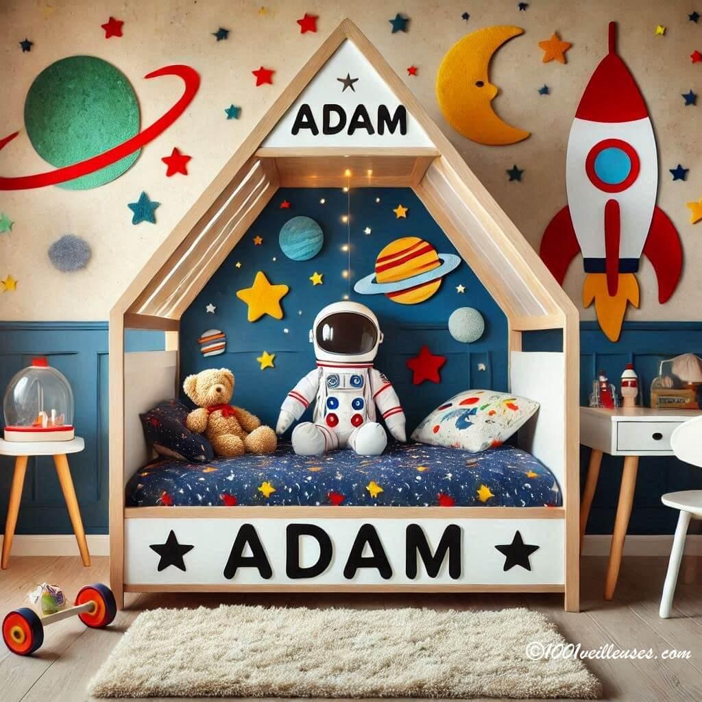 Une belle chambre de bebe garcon avec le prenom adam theme astronaute avec lit cabane