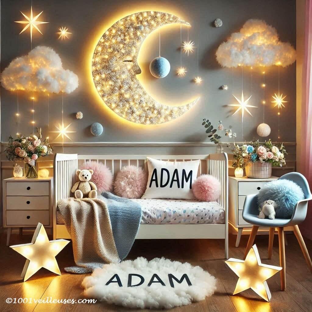 Une belle chambre de bebe garcon avec le prenom adam theme lune avec des lampes et des tapis