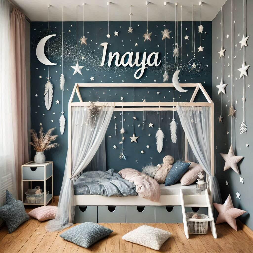 prénom inaya - belle chambre de bebe fille theme nuit etoilee avec lit cabane, couleur bleu nuit bleu ciel gris rose pastel