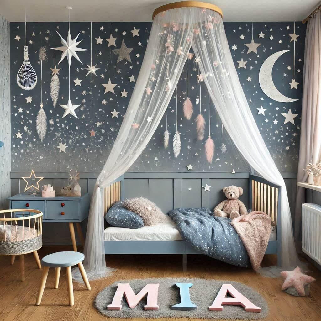 Decoration chambre enfant theme nuit etoilee avec lit cabane avec le prenom mia couleur bleu nuit bleu ciel gris rose pastel et blanc avec des etoiles des plumes des constellations