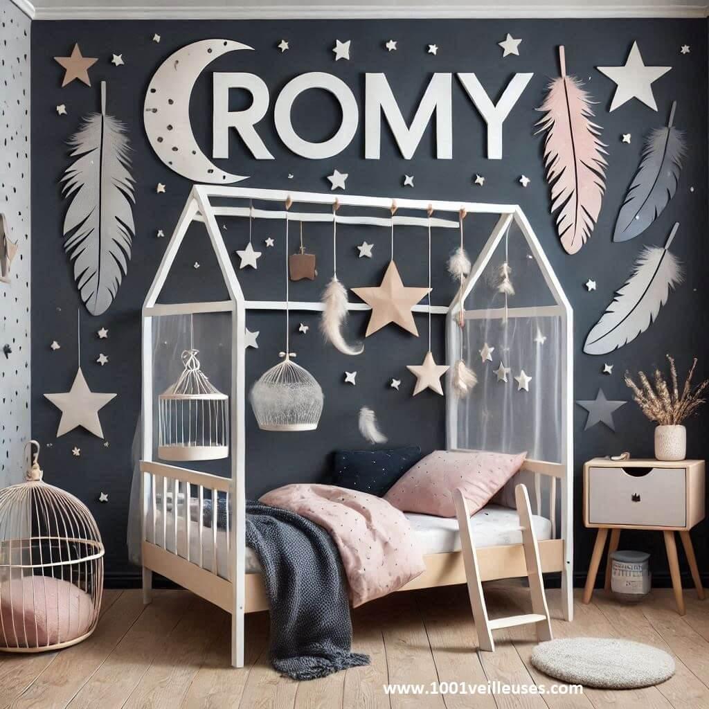 Decoration chambre enfant theme nuit etoilee avec lit cabane avec le prenom romy couleur bleu nuit gris rose pastel et blanc avec des etoiles des plumes des constellations