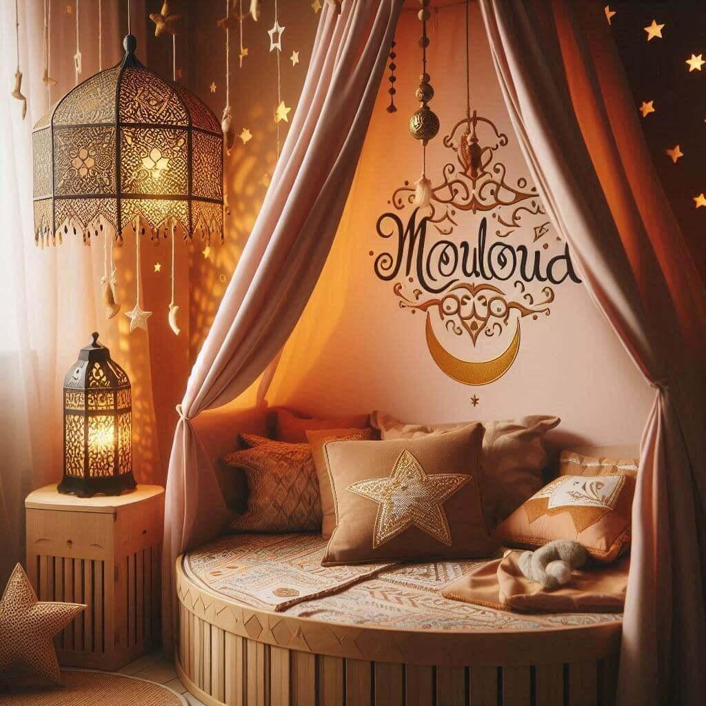 Decoration chambre enfant theme oriental exotique avec tons chauds lit rond avec baldaquin lampe etoilee et prenom mouloud brode sur le ciel de lit vue de pres 1 1