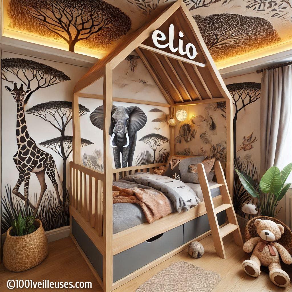 Decoration chambre enfant theme savane avec lit cabane avec le prenom elio 1