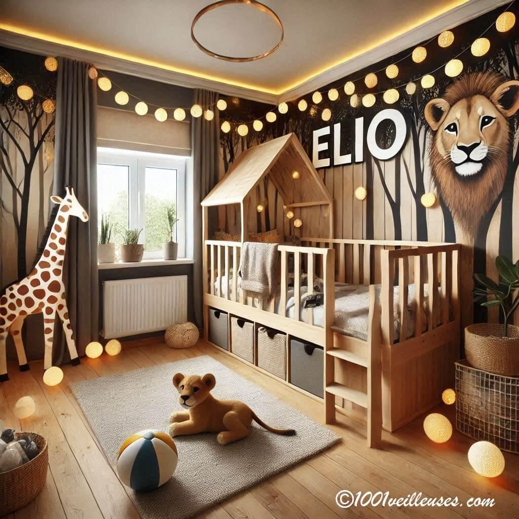 Decoration chambre enfant theme savane avec lit cabane avec le prenom elio sur le theme des lumieres 1