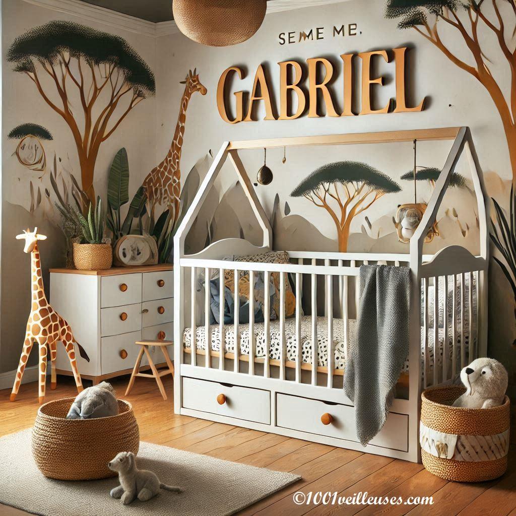 Belle chambre de bebe garcon avec le prenom Gabriel au mur