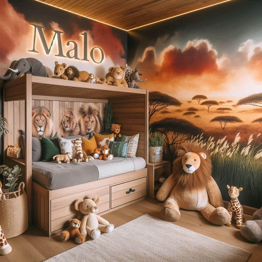 Decoration chambre enfant theme savane avec lit cabane avec le prenom malo 1