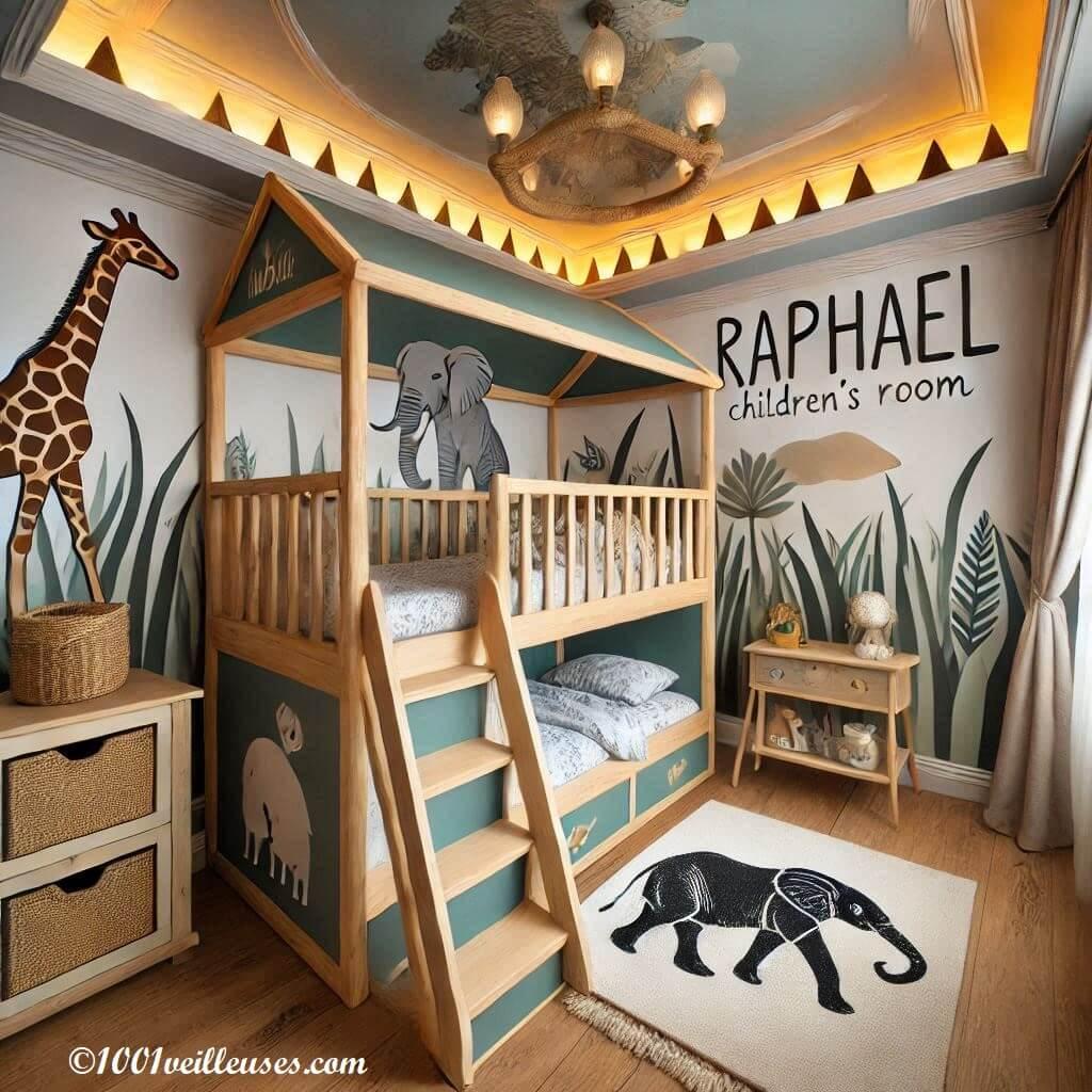 Decoration chambre enfant theme savane avec lit cabane avec le prenom raphael