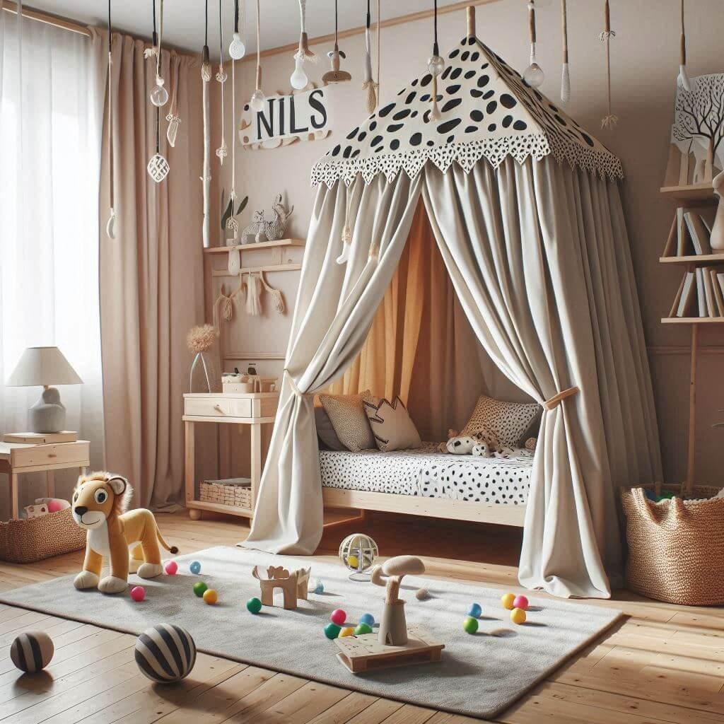 Decoration chambre enfant theme savane avec lit cabane avec rideaux avec le prenom nils simple et ludique tapis de jeu avec des balles au sol livres 1