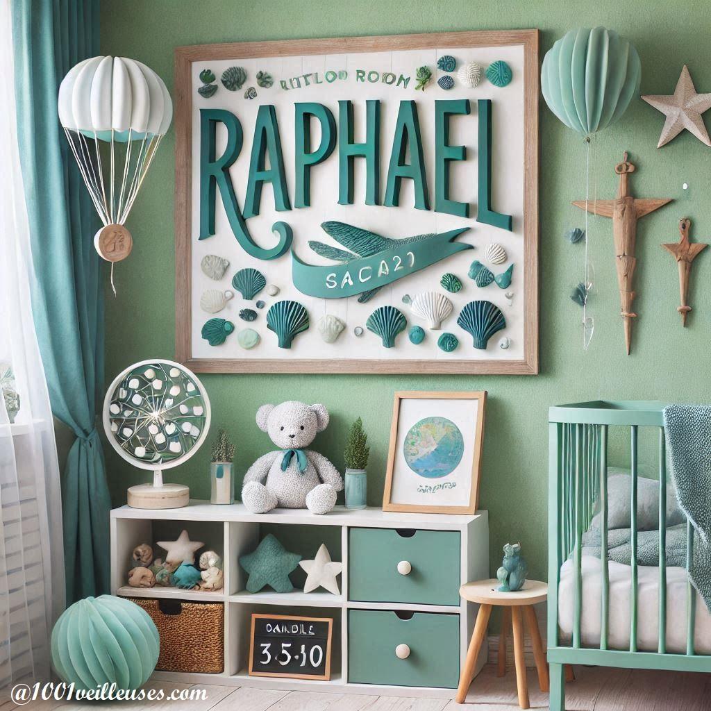 Decoration chambre petit garcon couleur vert deau avec le prenom raphael